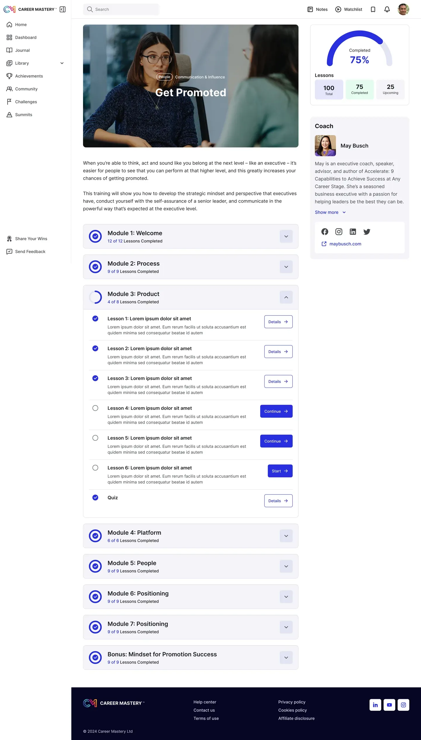 Course with modules, lessons and progress