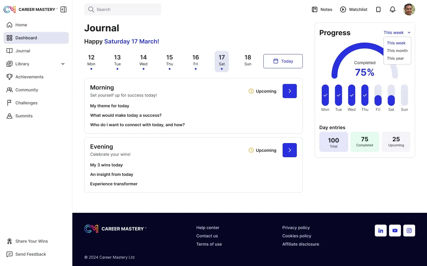 Career journal: morning plan, evening wins and weekly progress