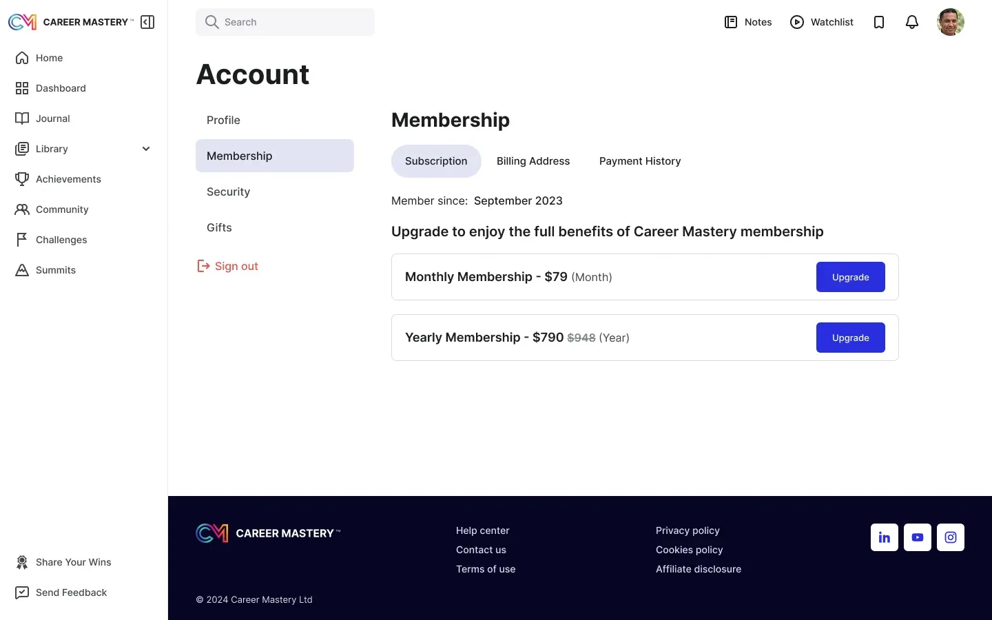 Membership and plan upgrade in the account