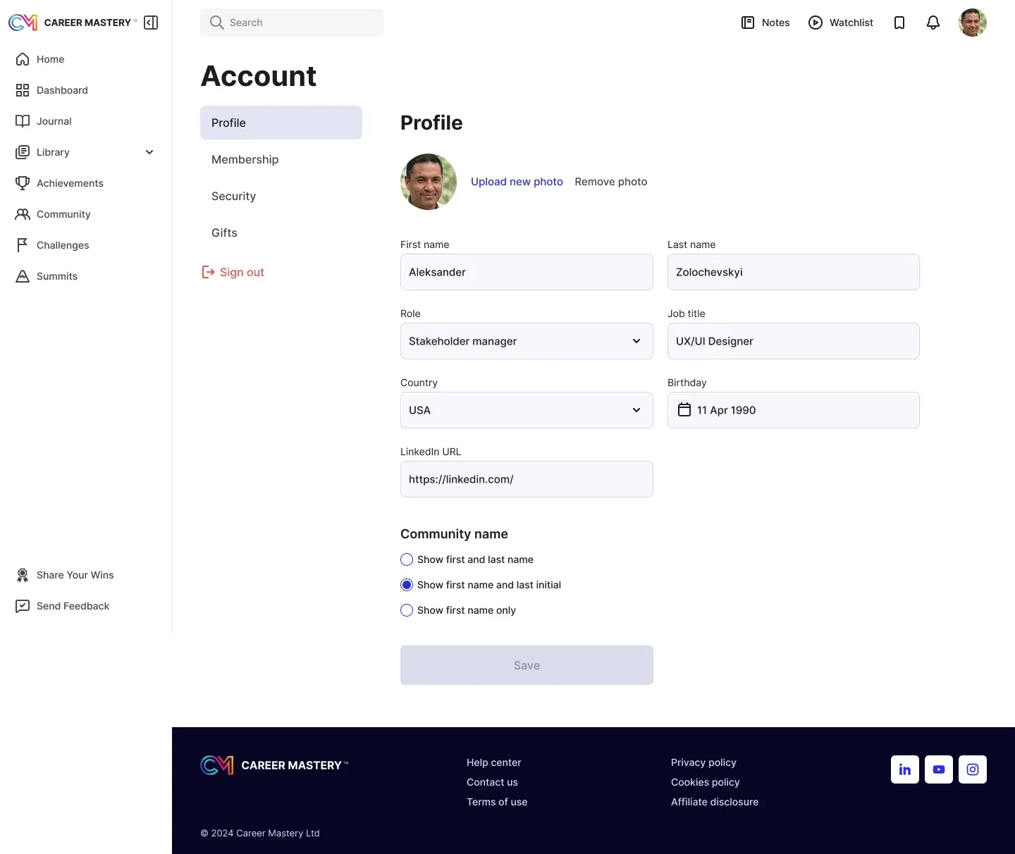 Member profile and community settings