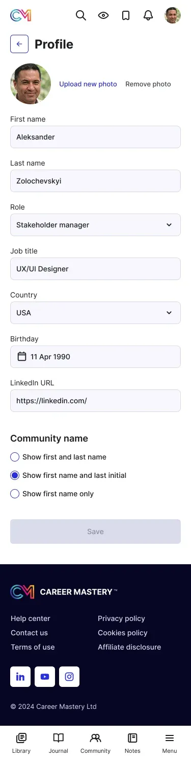 Member profile on a phone
