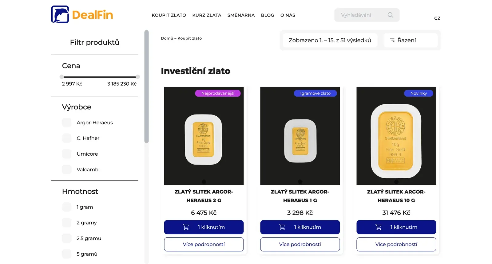 Catalogue of bars with filters by purity, refinery and weight