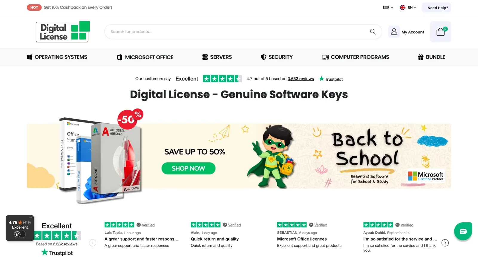 Home page with the product families