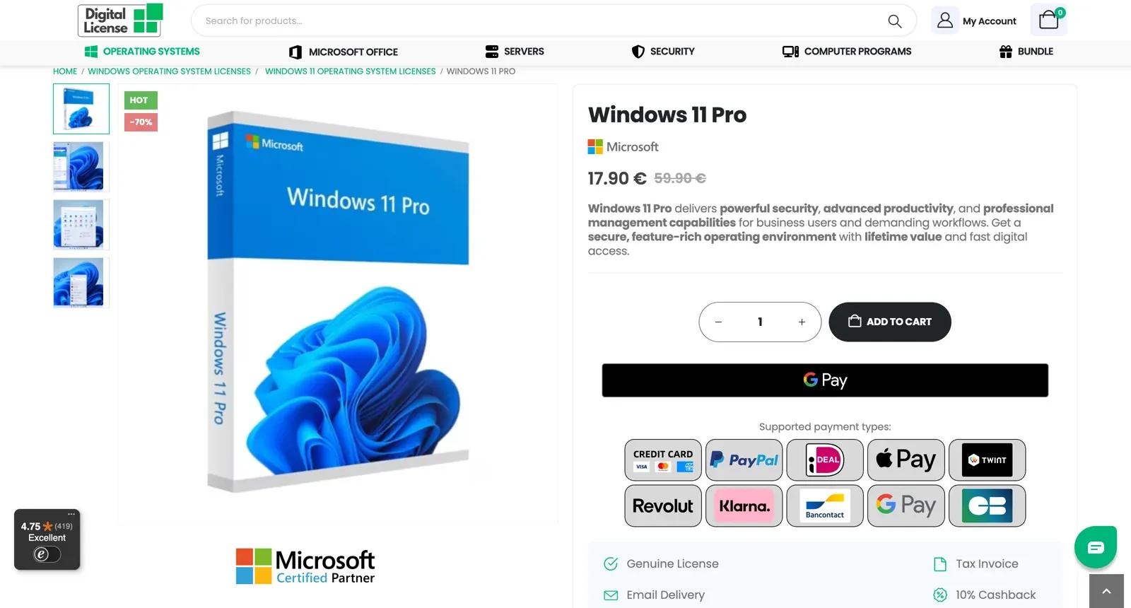 Product page with editions and instant delivery