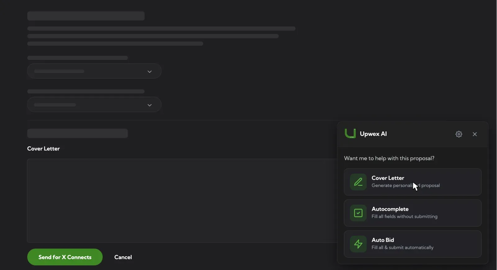 Upwex AI inside the Upwork proposal form