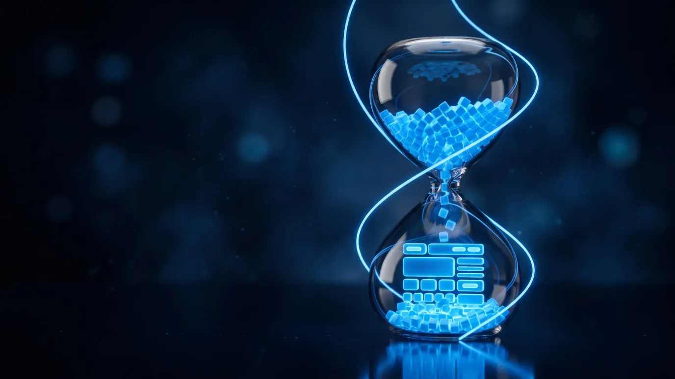 A glass hourglass where glowing blue blocks fall through and assemble into a website layout