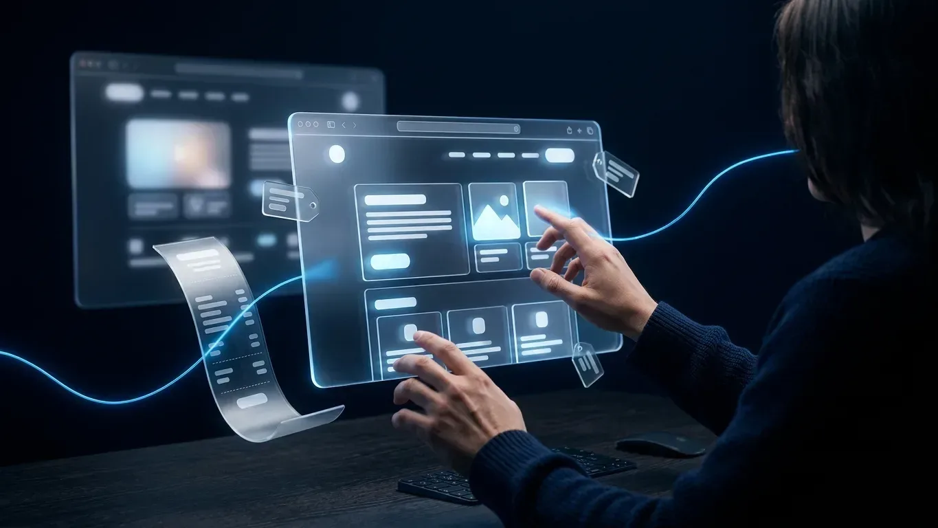 A person assembles a website layout in a floating glass browser window, surrounded by price tags and an itemized quote