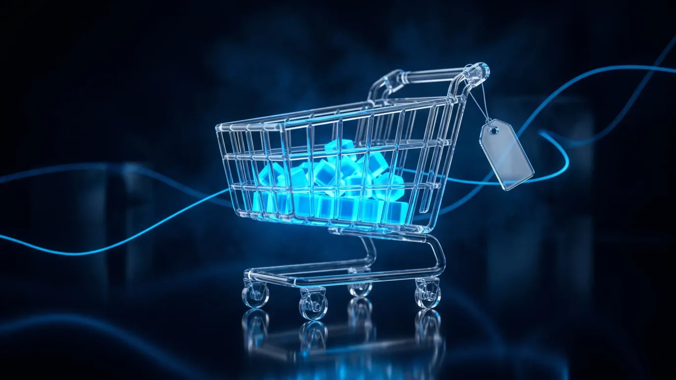 A shopping cart made of clear glass, filled with glowing blue blocks, with a blank price tag on the handle